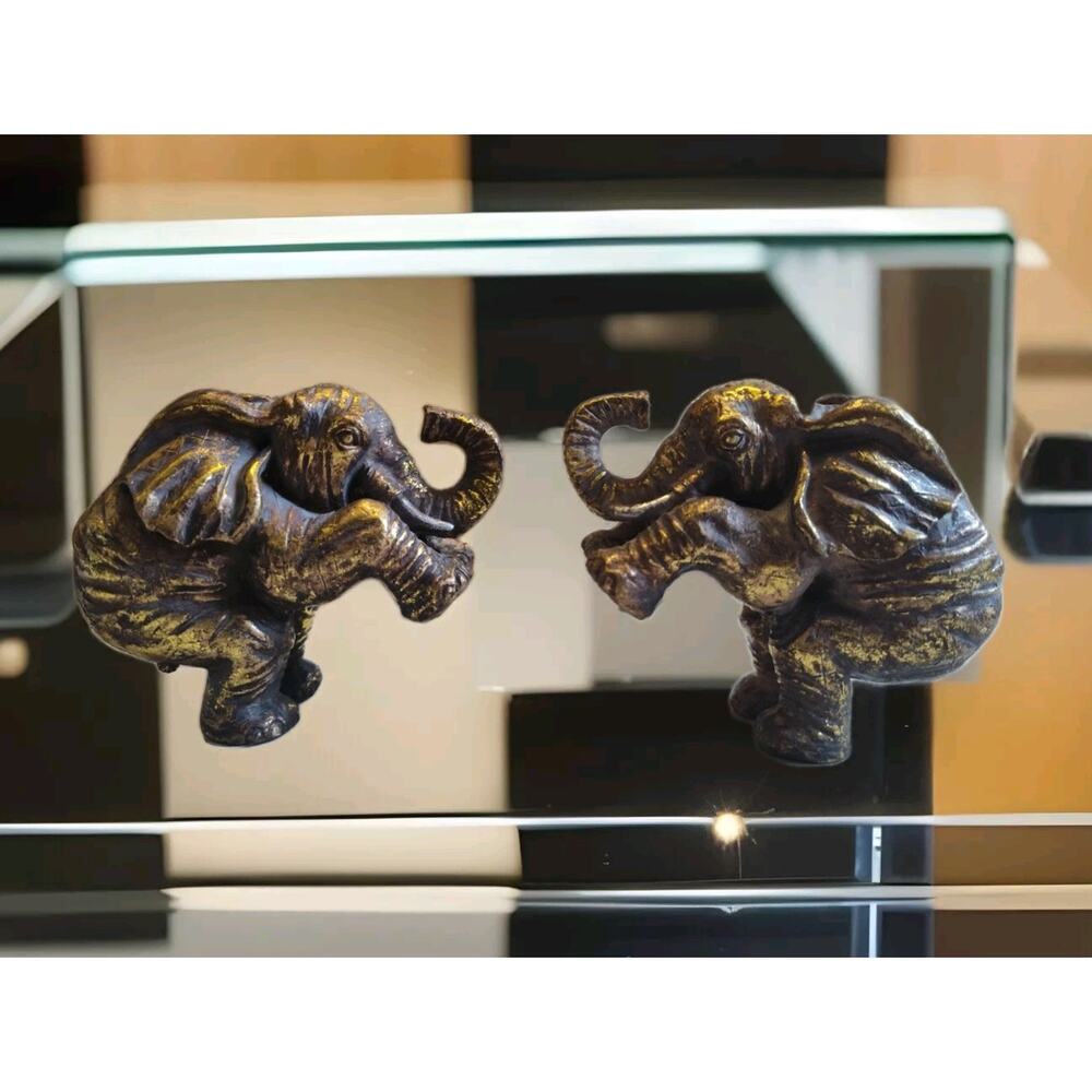2 Feng Shui Gold Elegant Rearing Elephant Trunk Up Statue Figurine Brass Look 4"